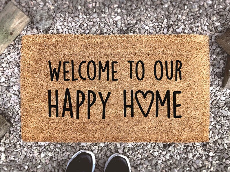 Chillever- Outdoor Mat- Welcome to Our Happy Home, Cute Heart Doormat, Housewarming Gift, Welcome Mat