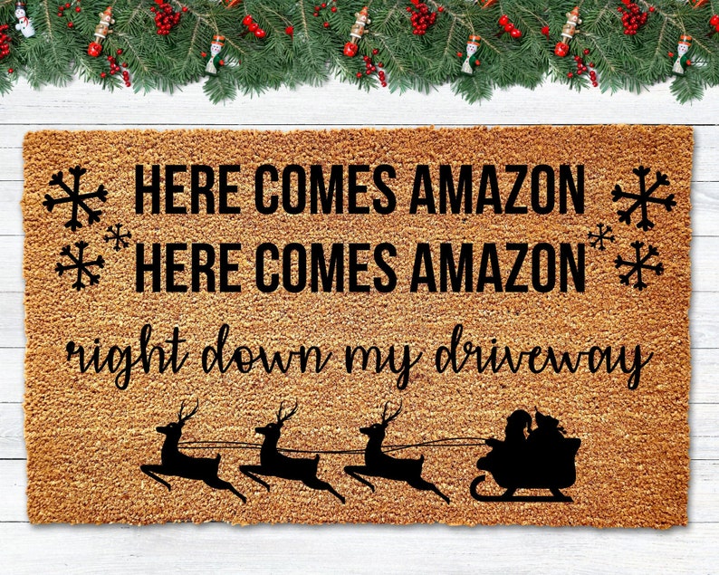 Here Comes Amazon Doormat, Funny Christmas Doormat, Funny Doormat, Christmas Welcome Mat, Merry Christmas Door Mat