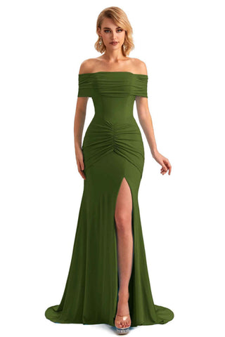 Olive green jersey side slit bridesmaid dress