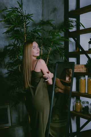 Cool skin tones and olive dress