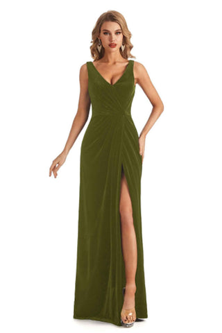 Velvet olive green bridesmaid dresses