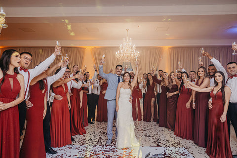 Different styles of bridesmaid dresses in the same colour