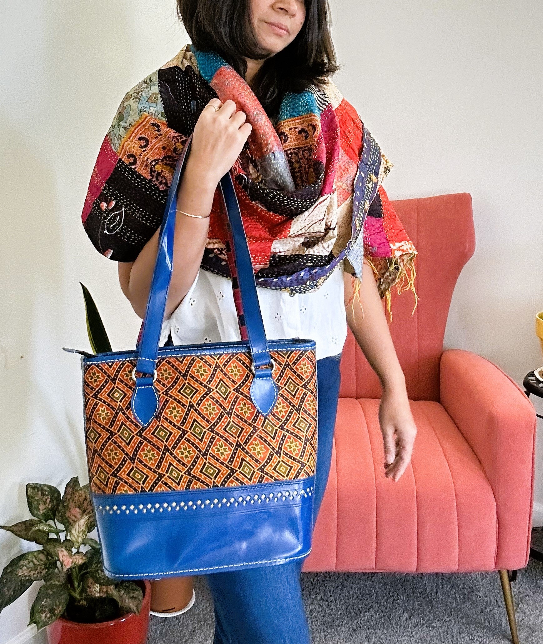 Handcrafted Embroidered Mashru Silk Kutch Leather Shoulder Bag