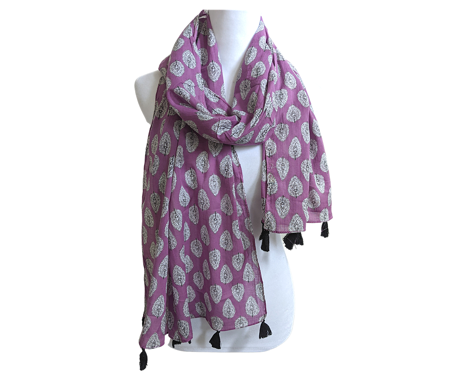 Violet Floral Cotton Scarf | Black Tassels