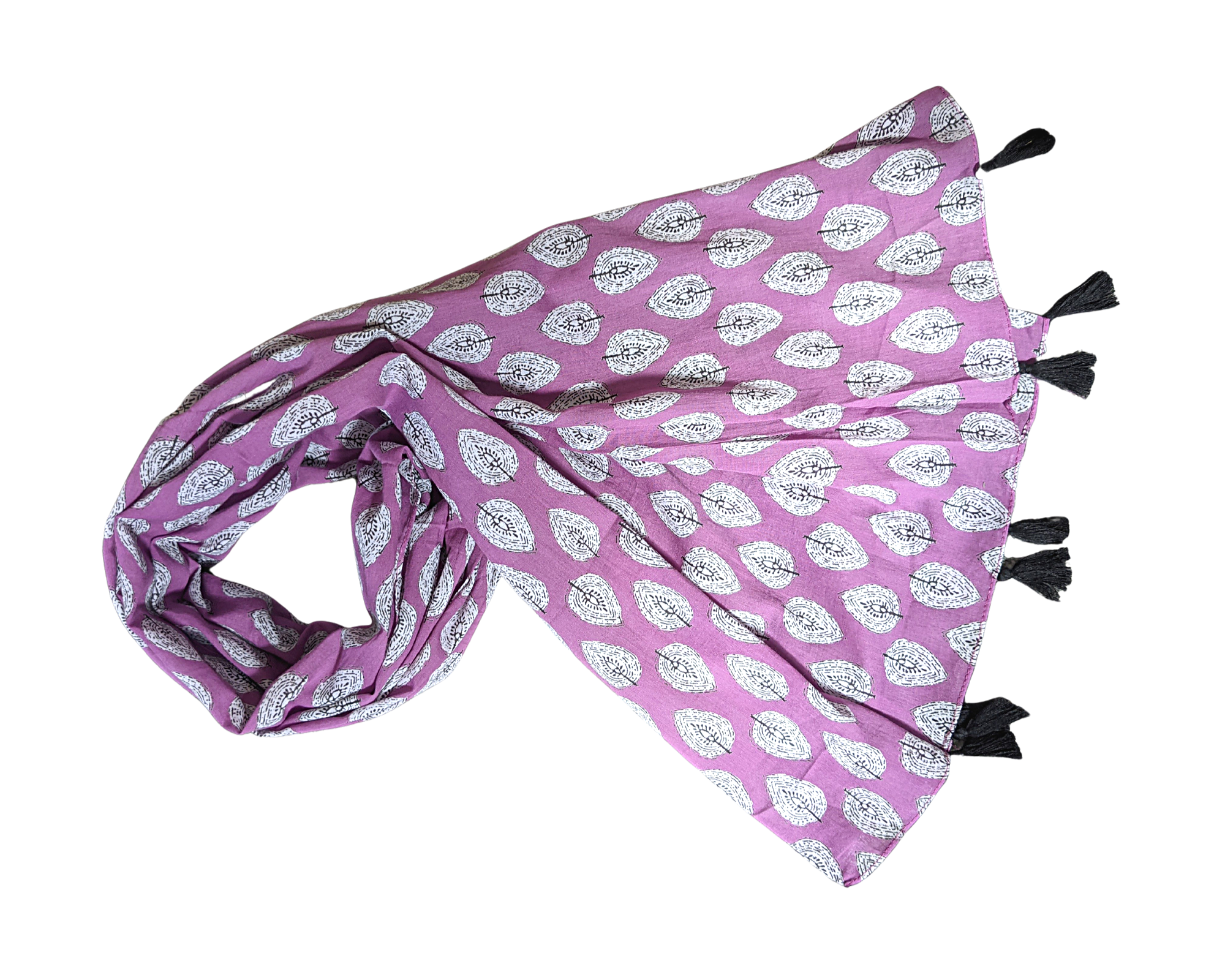 Violet Floral Cotton Scarf | Black Tassels