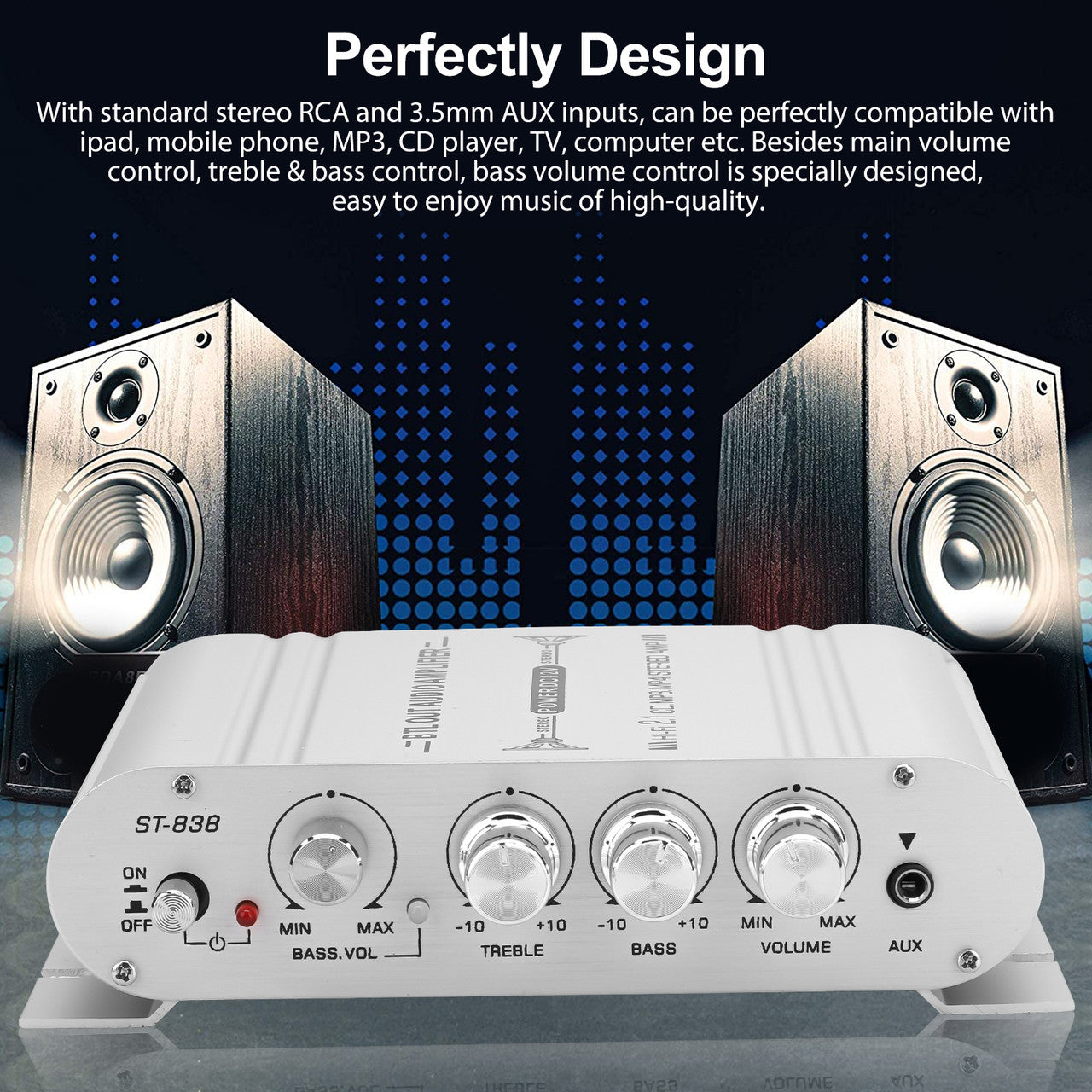 2.1 Channel Car Audio Stereo Amplifier with Bass Tremble and Volume Adjuster in a Compact Design