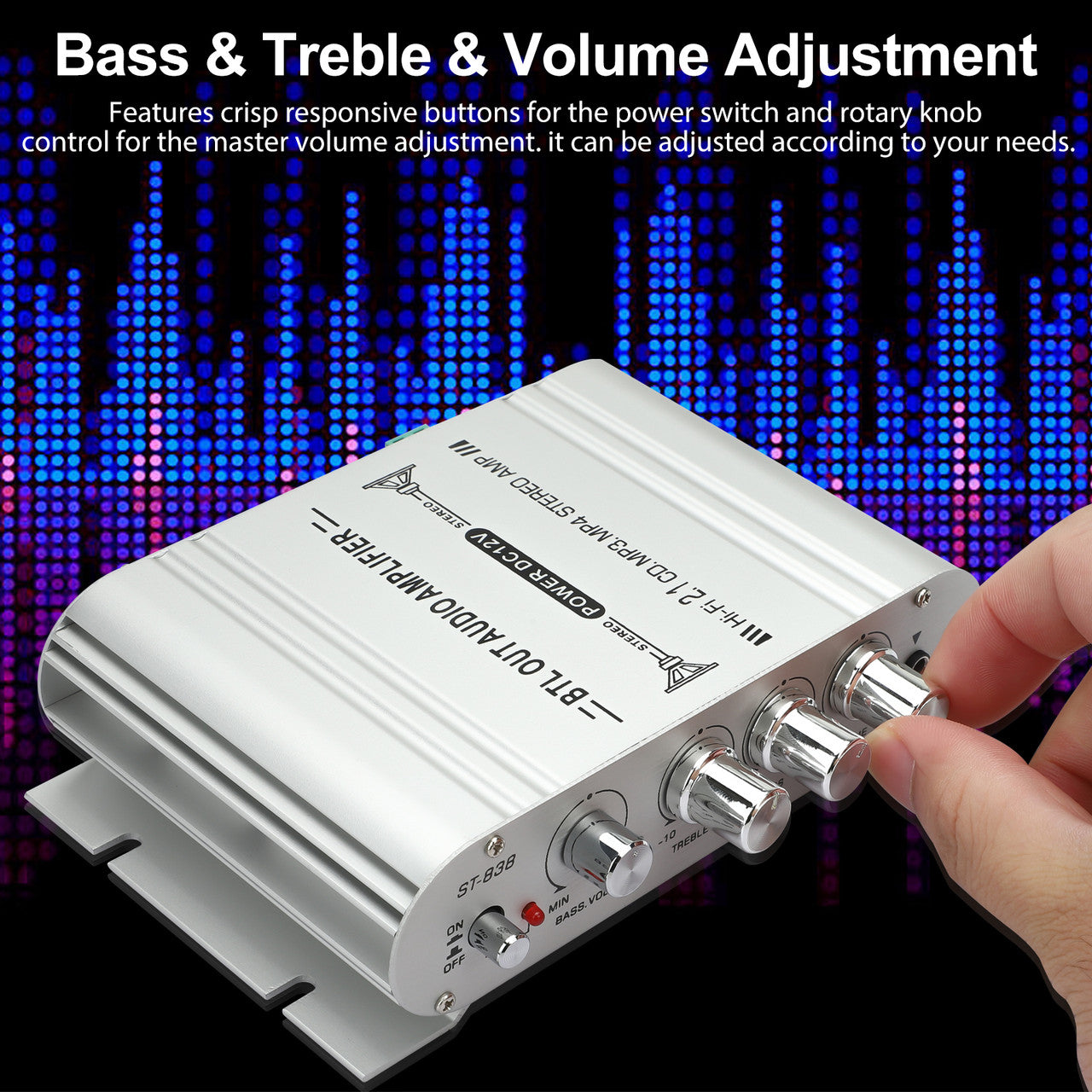 2.1 Channel Car Audio Stereo Amplifier with Bass Tremble and Volume Adjuster in a Compact Design