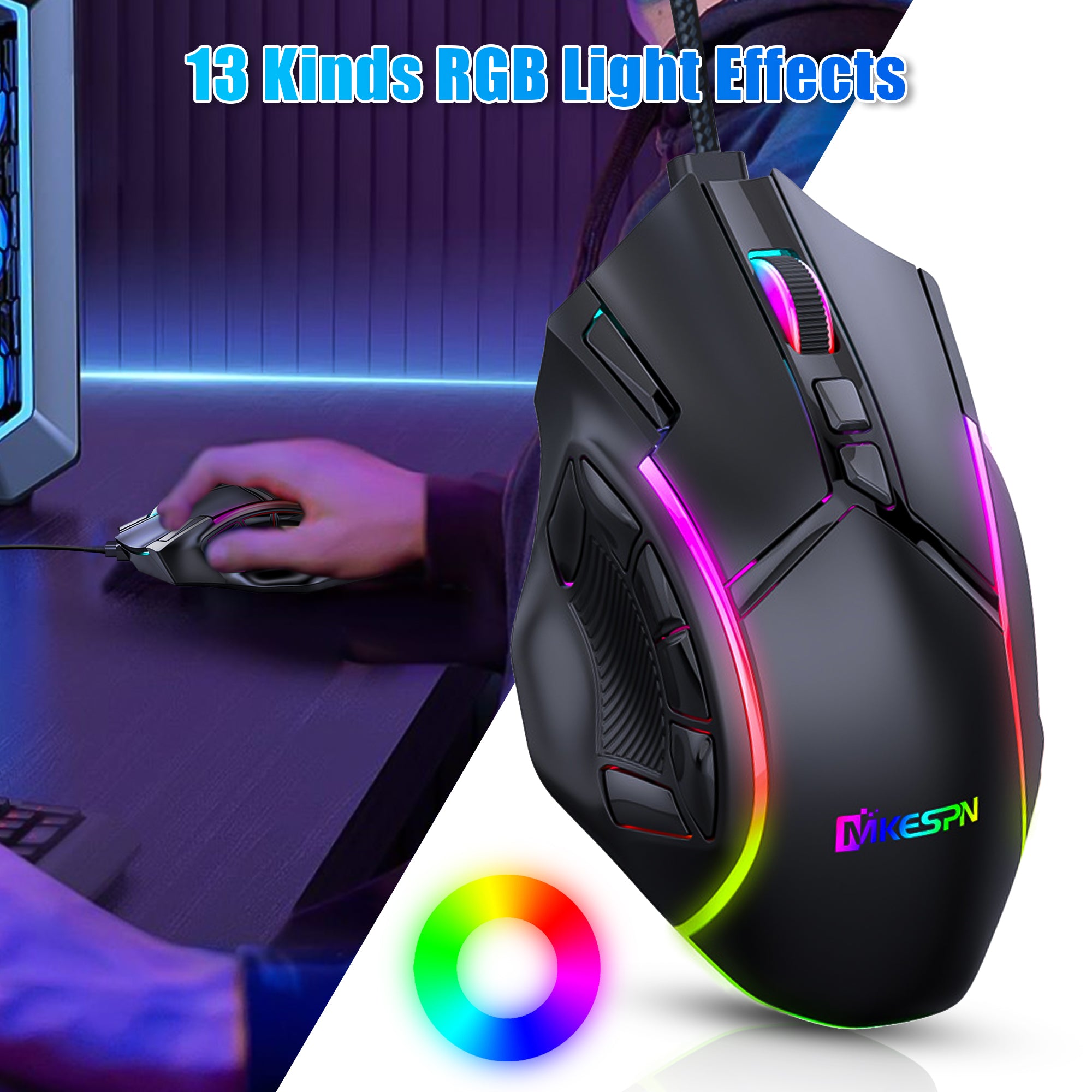 RGB USB Wired 12 Programmable Buttons Gaming Mouse - Computer/PC Mice with Up to 12800 DPI 6 Adjustable DPI with 13 RGB Light Modes (Black)