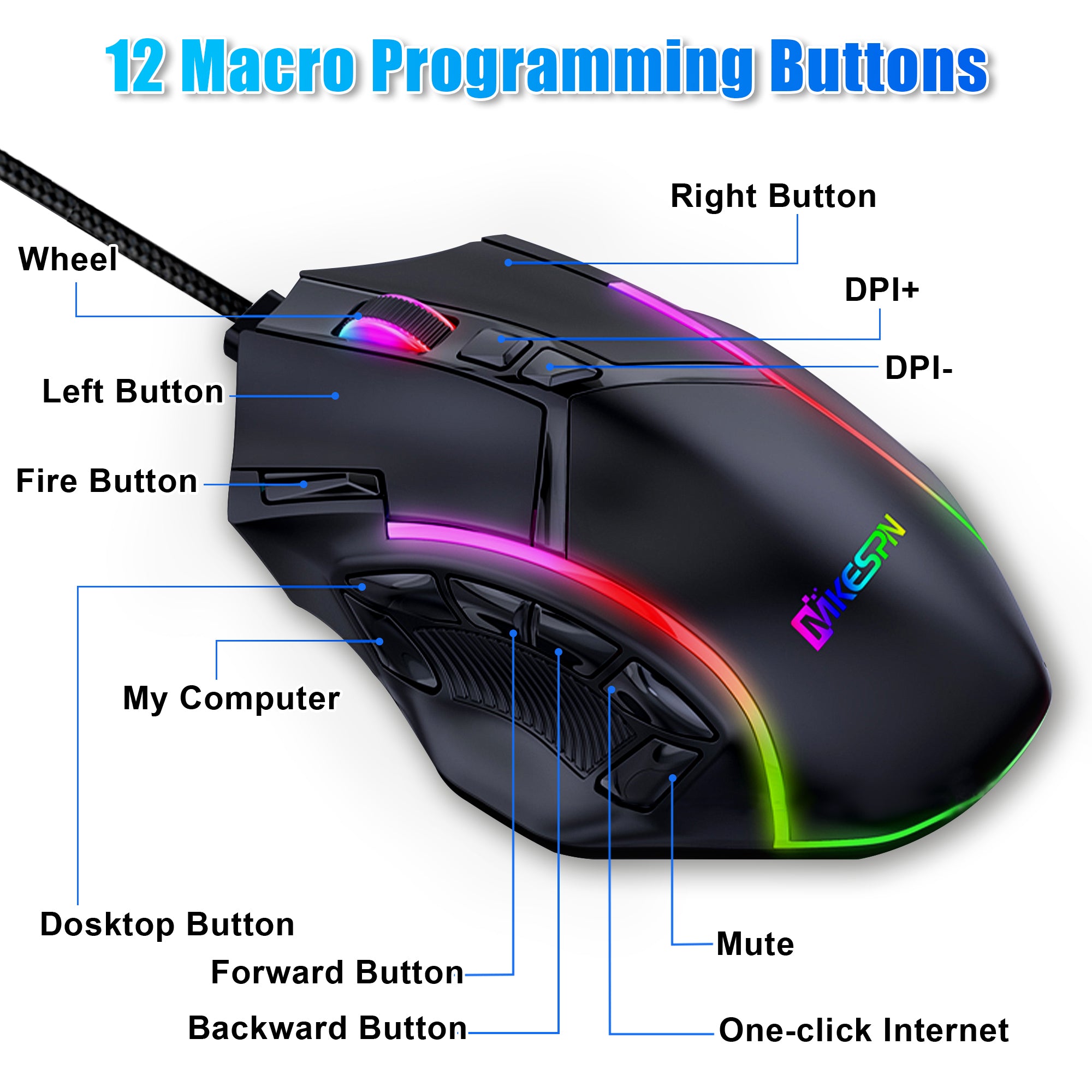 RGB USB Wired 12 Programmable Buttons Gaming Mouse - Computer/PC Mice with Up to 12800 DPI 6 Adjustable DPI with 13 RGB Light Modes (Black)