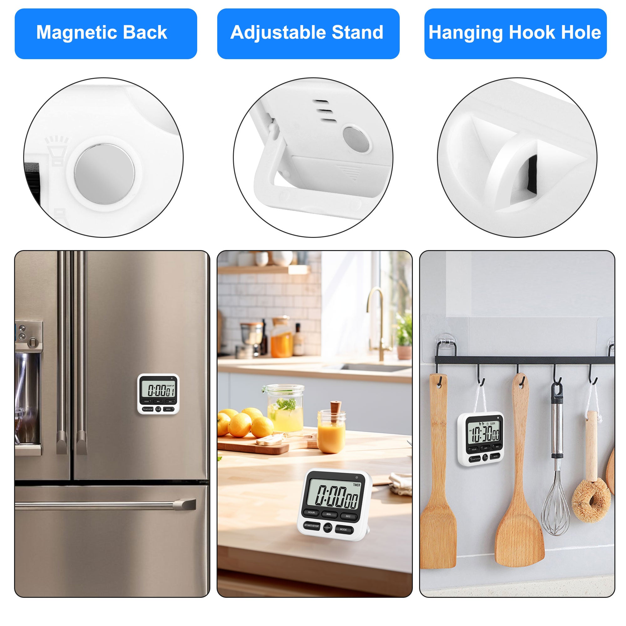 Magnetic Versatile 24 Hour Digital Kitchen Timer with Alarm - Adjustable Stand Count Up/Down & Clock Function and Memory Function (White)