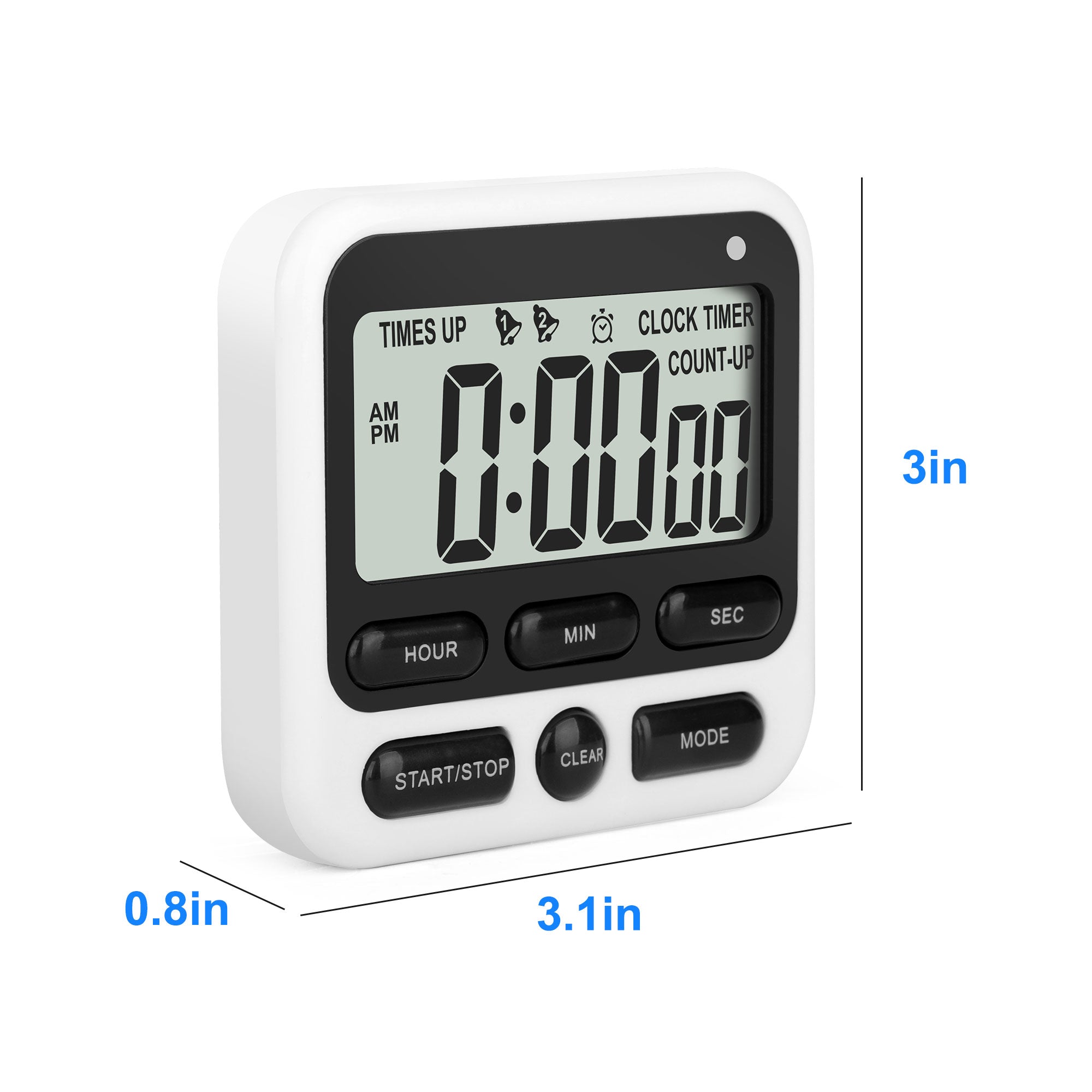 Magnetic Versatile 24 Hour Digital Kitchen Timer with Alarm - Adjustable Stand Count Up/Down & Clock Function and Memory Function (White)