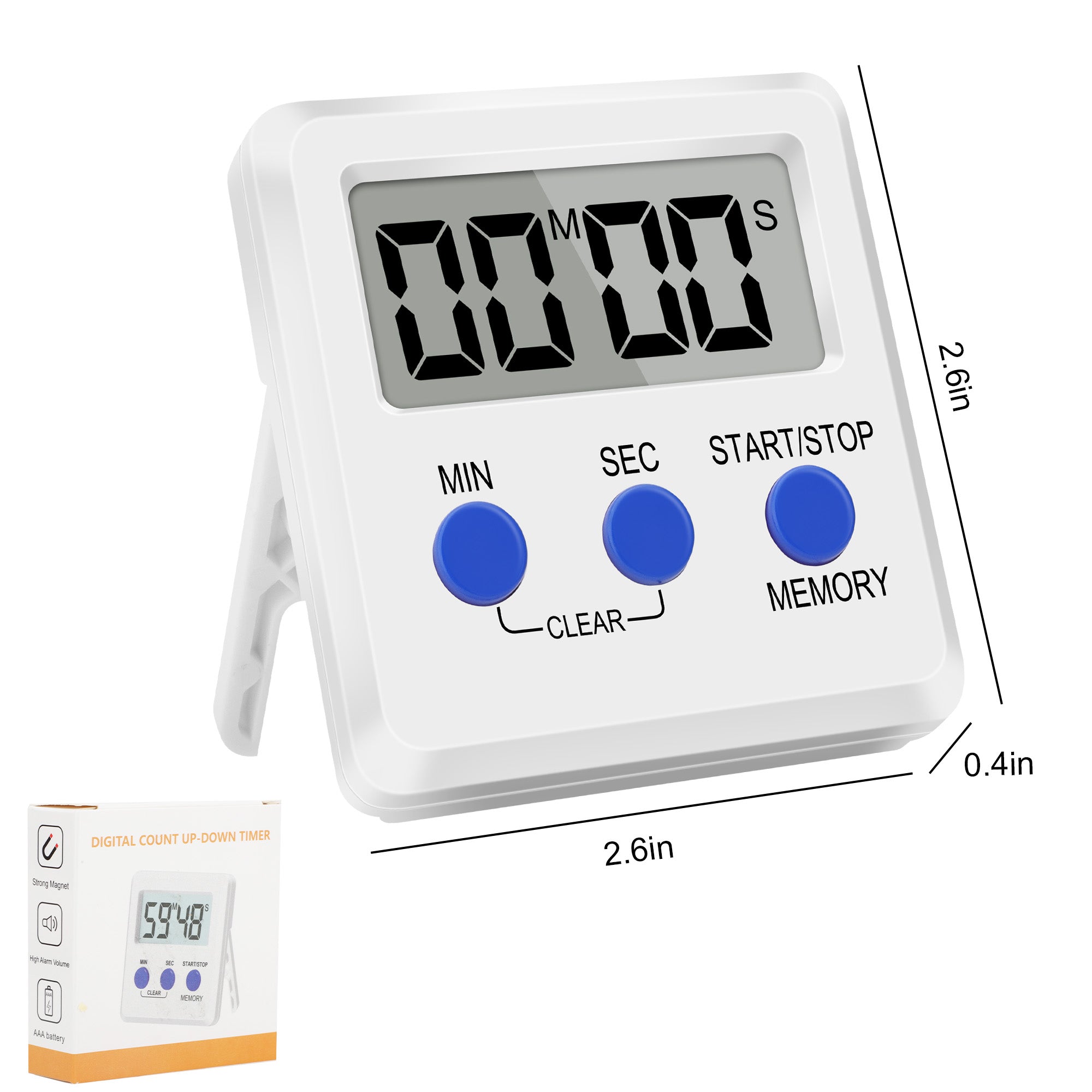 Magnetic LCD Digital Kitchen Timer - Count UP or Down and Memory Function With Adjustable Stand, Loud Alarm for Home Exercise Baking Playtime Learning Sports (White)