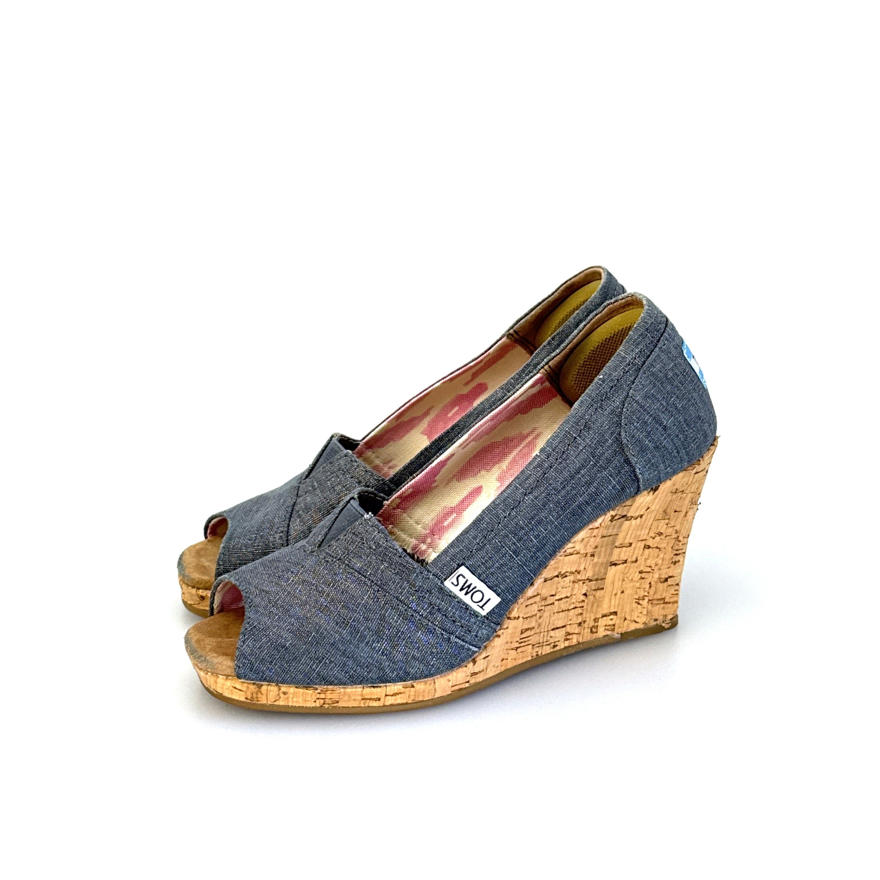 Toms | Womens Denim Wedge Cork Heel Shoes | Color: Blue | Size: 5 | Pre-Owned