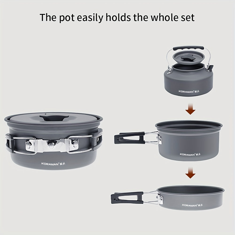 KORAMAN Aluminum Outdoor Camping Cookware Set, Folding Cookset Camping Teapot And Pans Set Equipment, Lightweight Pots, Pans With Mesh Set Bag For Backpacking, Hiking, Picnic