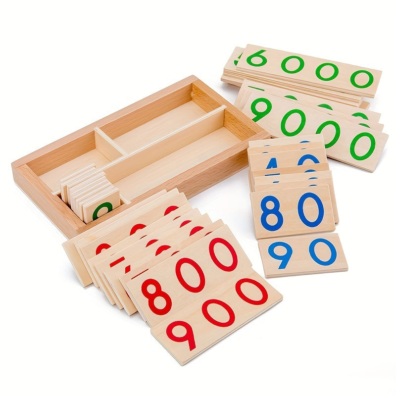 Montessori Early Education Wooden Number Cards - 1-9000 Size - Natural Wood with Occasional Brown Wood Hearts - Perfect for Kindergarten Teaching Aids,Halloween,Christmas and Thanksgiving Day gift