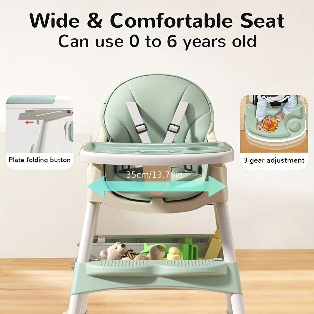 Feeding Chair With Adjustable Backrest, Meal Tray, High Chair With 4 Wheels, Foldable High Chair With Double Detachable Trays
