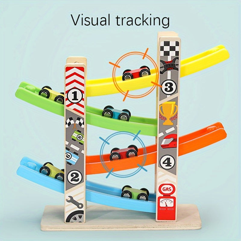 Four-track Gliding Car Wooden Creative Toy, Colorful Building Blocks Track Car Set, Christmas Gift For Kids, Birthday Gift