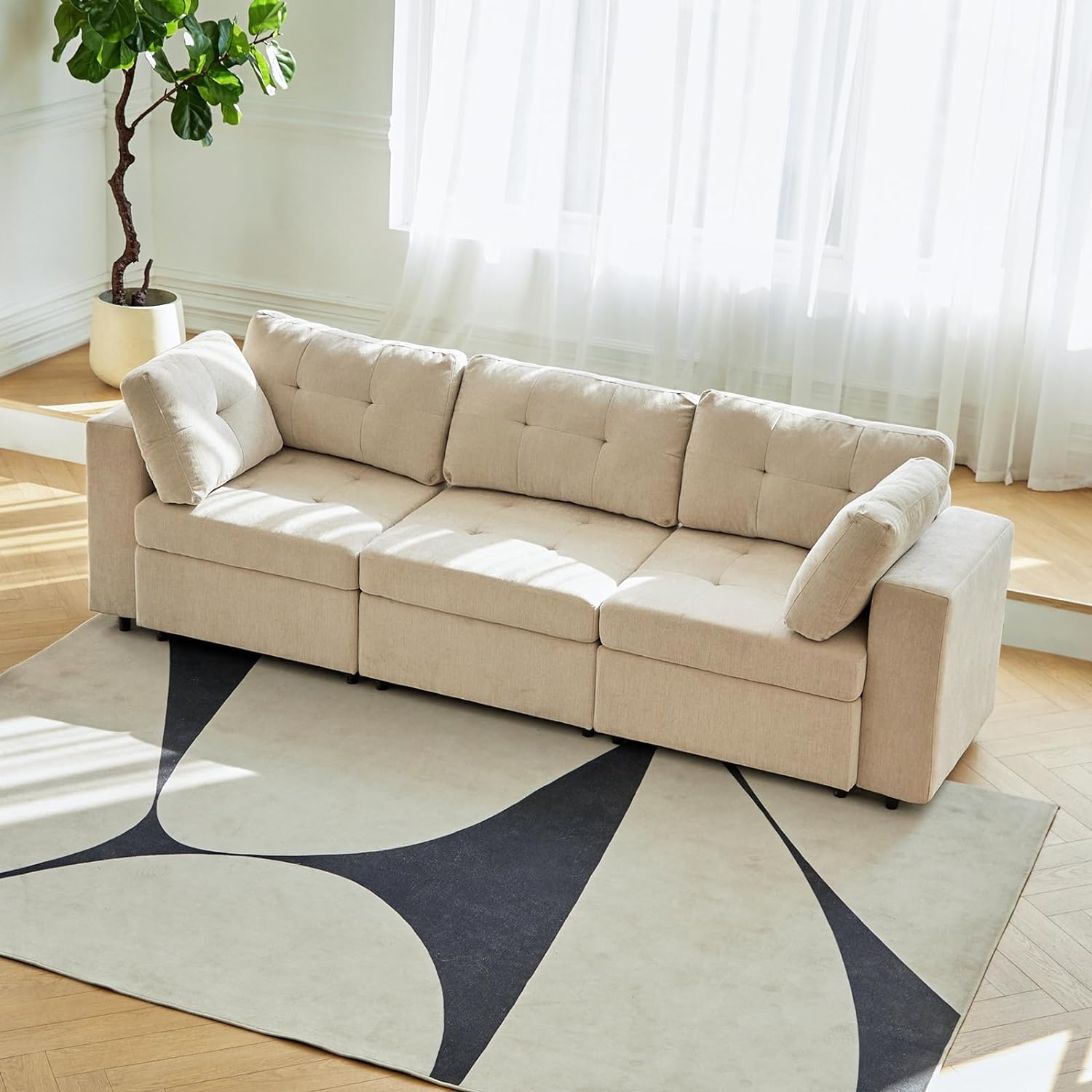 HULALA HOME Modular Sectional Sofa, U Shaped Couch with Storage and Wide Armrest,135 Inch Chenille Oversized Sleeper Sofas Set for Living Room,Beige