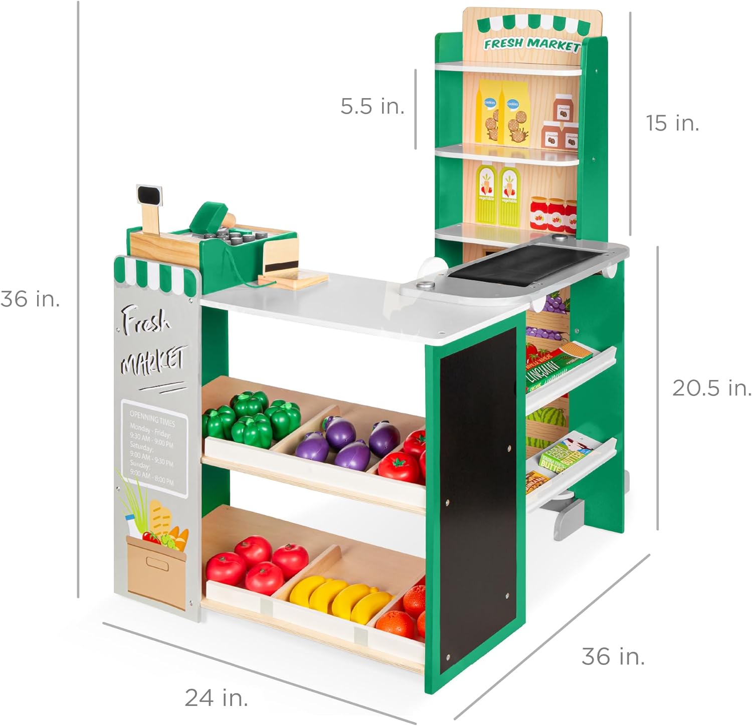 Best Choice Products Pretend Play Grocery Store Wooden Supermarket Toy Set for Kids w/Play Food, Chalkboard, Cash Register, Working Conveyor - Green