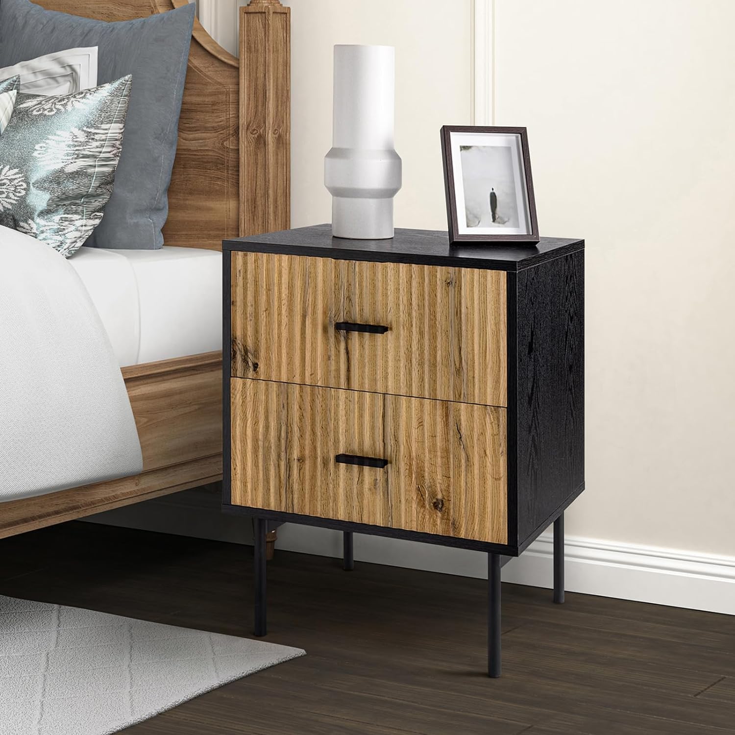 HULALA HOME Modern Nightstand with 2 Drawers, Wood Bedside Table, End Accent Table with Storage for Bedroom, Living Room, Metal Legs & Pull Handles, Black