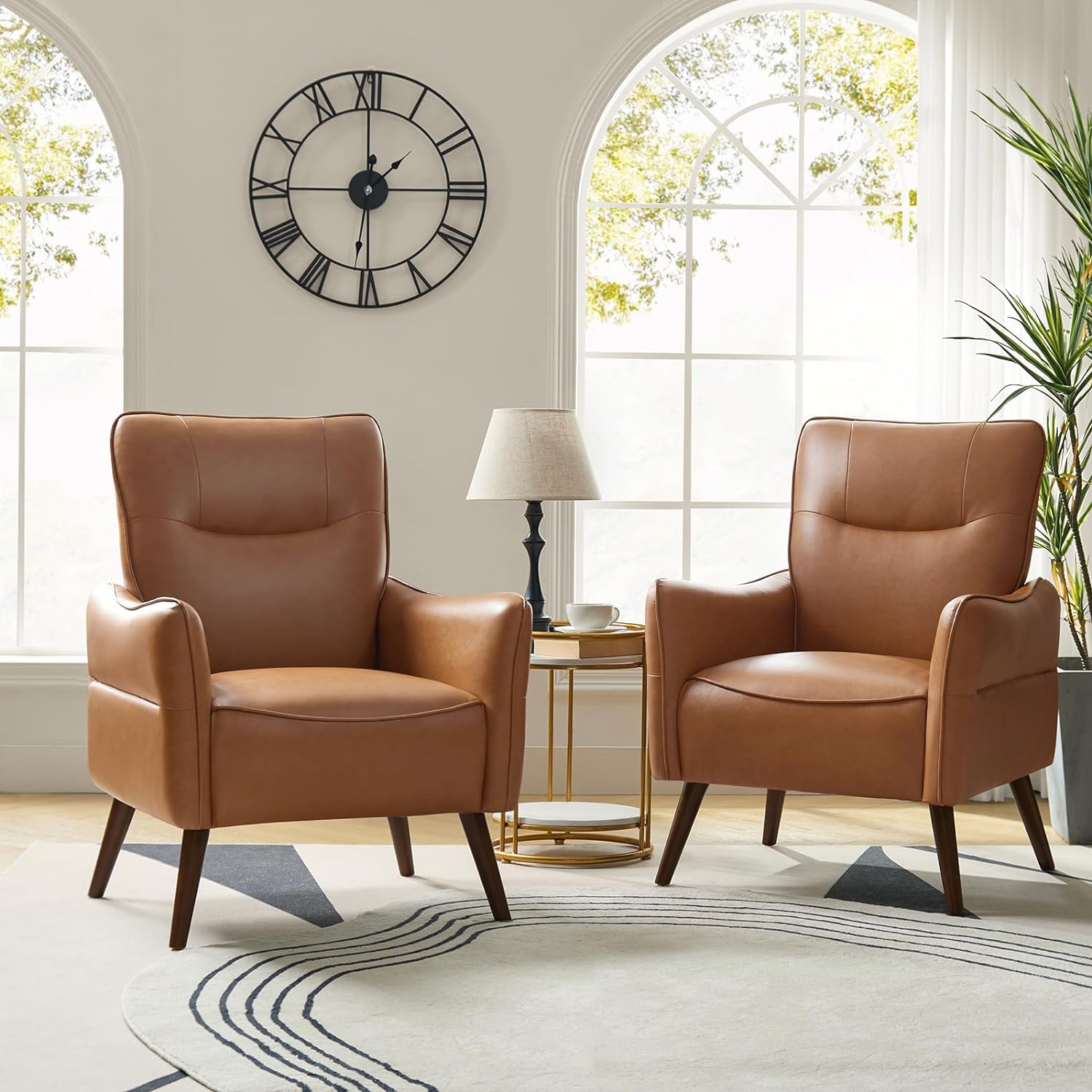 HULALA HOME Modern Faux Leather Armchairs Set of 2 with Tapered Wooden Legs, Comfy Upholstered Accent Chairs for Bedroom Living Room Office, Camel