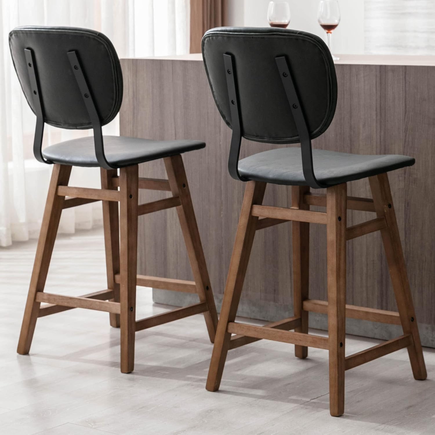 VESCASA Modern Counter Bar Stools with Curved Back and Seat, 25.5 Inches H Faux PU Leather Armless Counter Stool Chairs with Wood Legs for Kitchen, Dining Room, Set of 2, Black