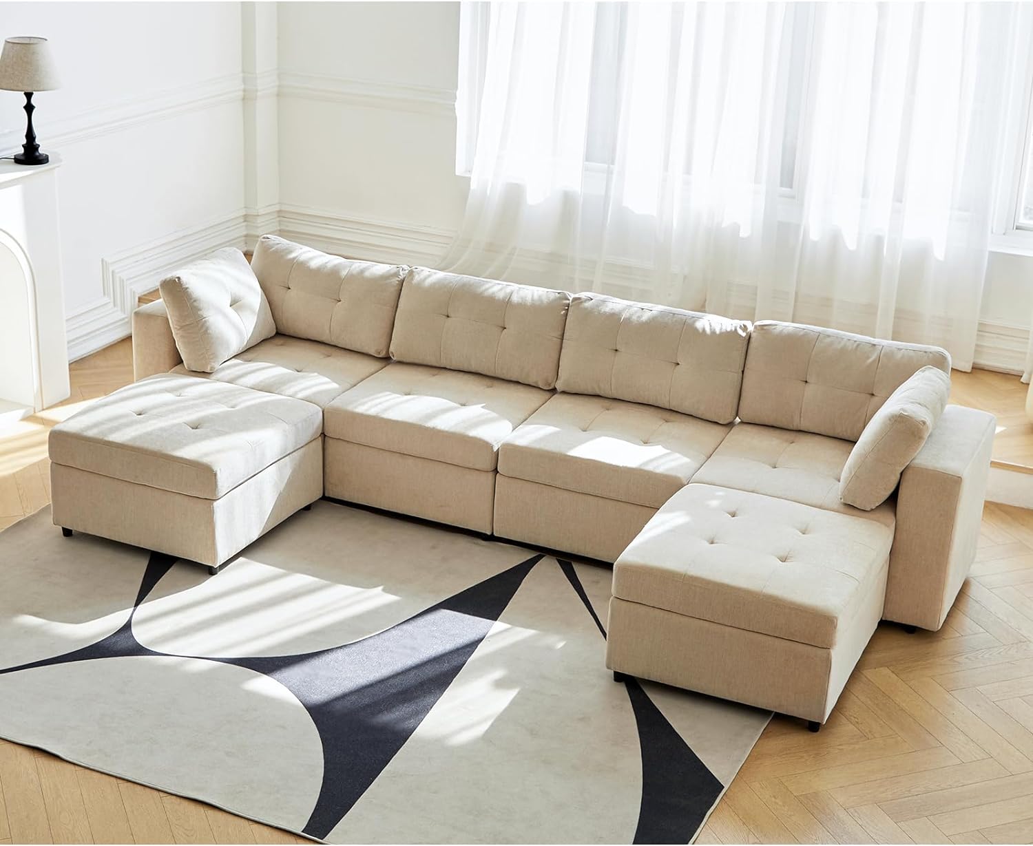 HULALA HOME Modular Sectional Sofa, U Shaped Couch with Storage and Wide Armrest,135 Inch Chenille Oversized Sleeper Sofas Set for Living Room,Beige