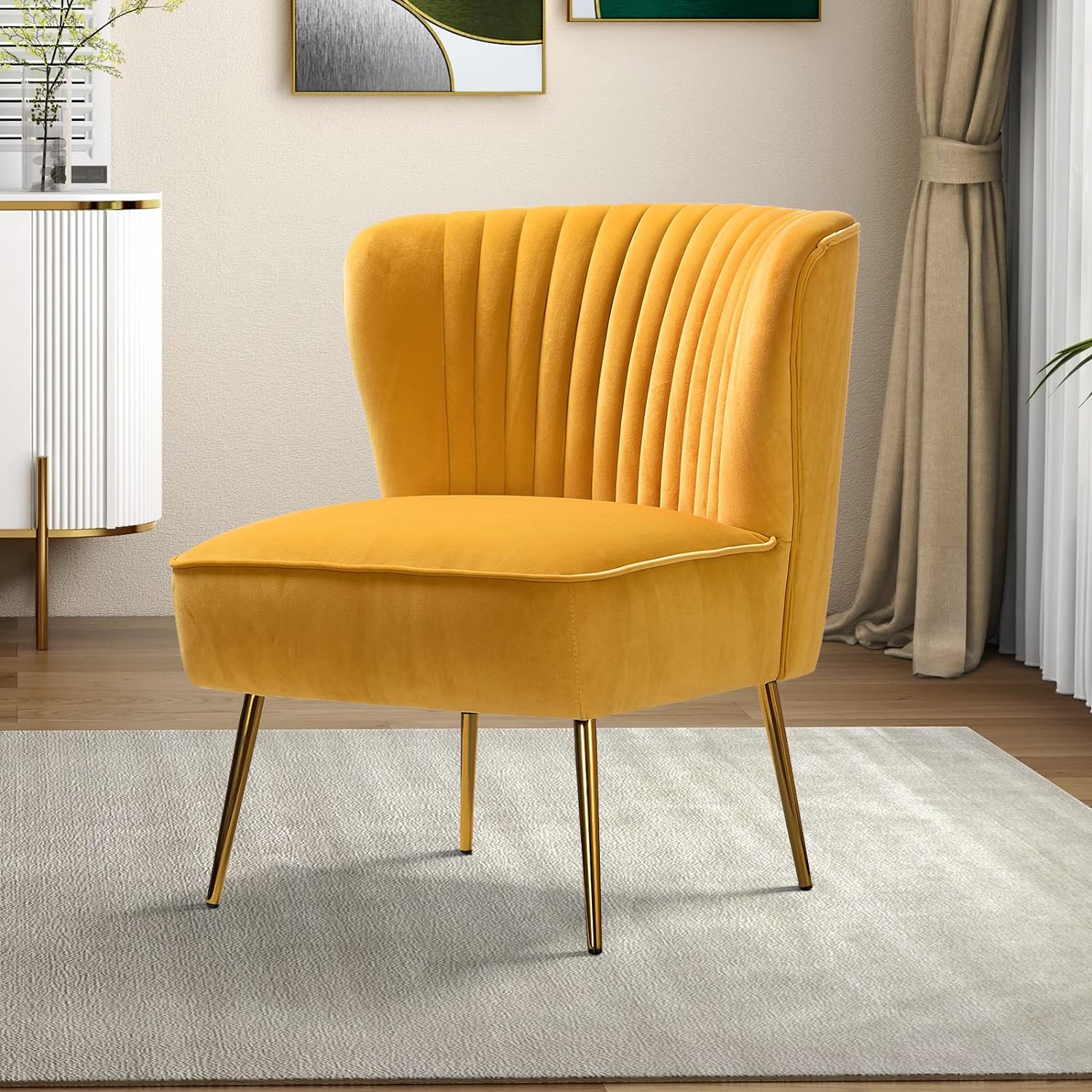 HULALA HOME Velvet Accent Chair, Modern Upholstered Cute Side Chair with Gold Metal Legs, Armless Wingback Slipper Chair Comfy Living Room Chair for Bedroom Guest Room Vanity, Mustard