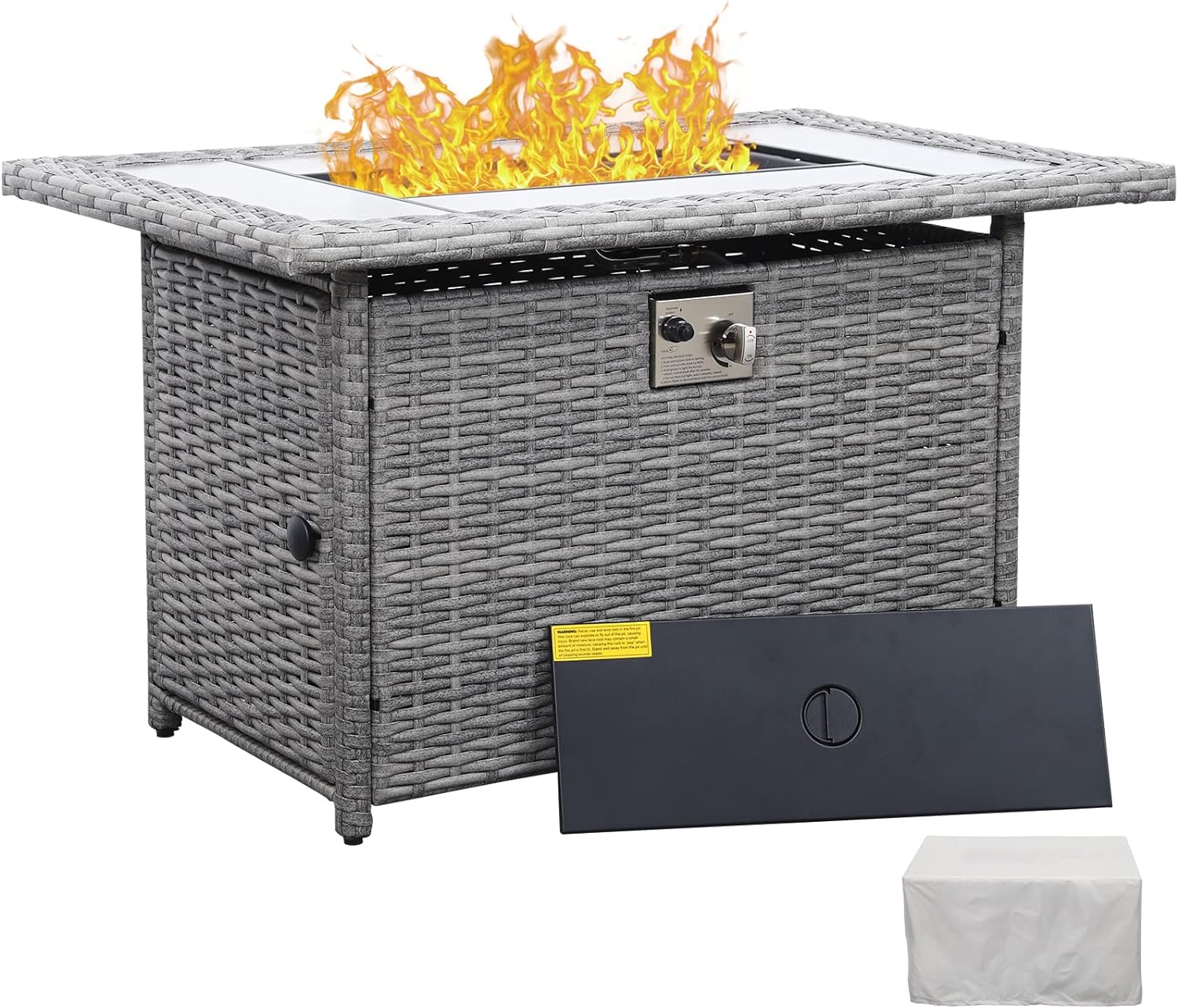 60000 BTU Wicker Gas Fire Pit Outdoor Fire Pit Table 45 Inch Fire Pits for Outside with Woodgrain Marble Tabletop Fire Pit Cover and Blue Crystal Beads