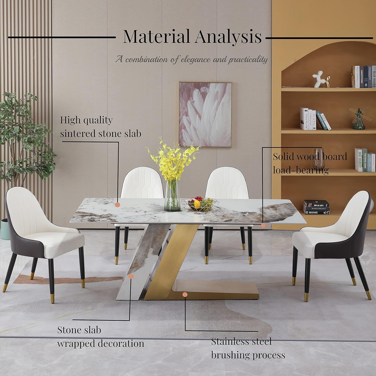7 Piece Dining Table Set, Modern Dining Room Table and Chairs Set, Sintered Stone Dining Table Set for 6, Pandora Marble Dining Table with 6 Chairs for Kitchen, Dining Room