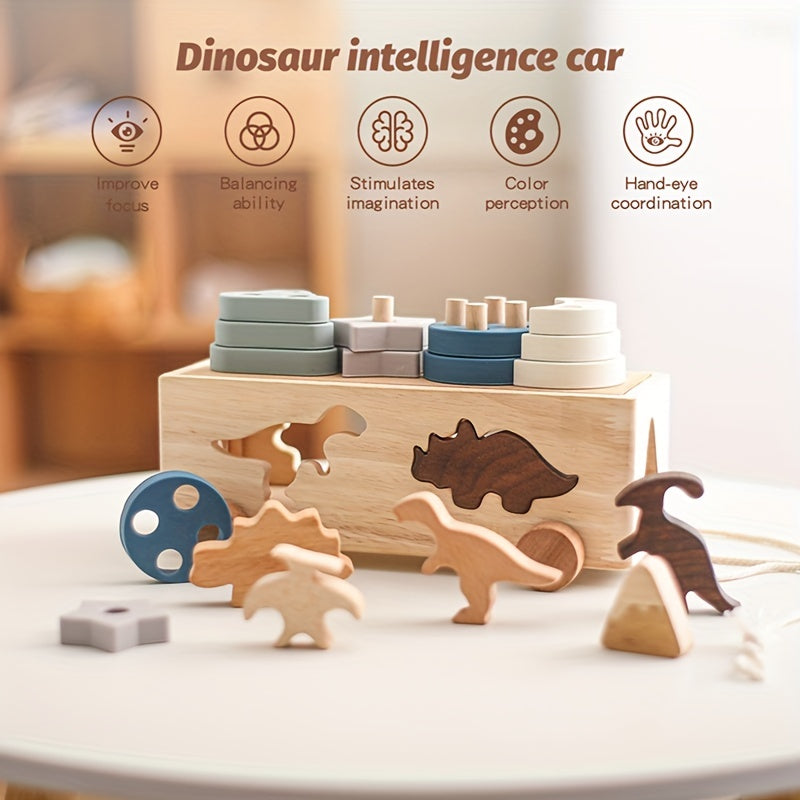 Montessori Dinosaur Shape Sorter Silicone Wooden Pull Along Car Matching Blocks Box Kid Intelligence Educational Toys