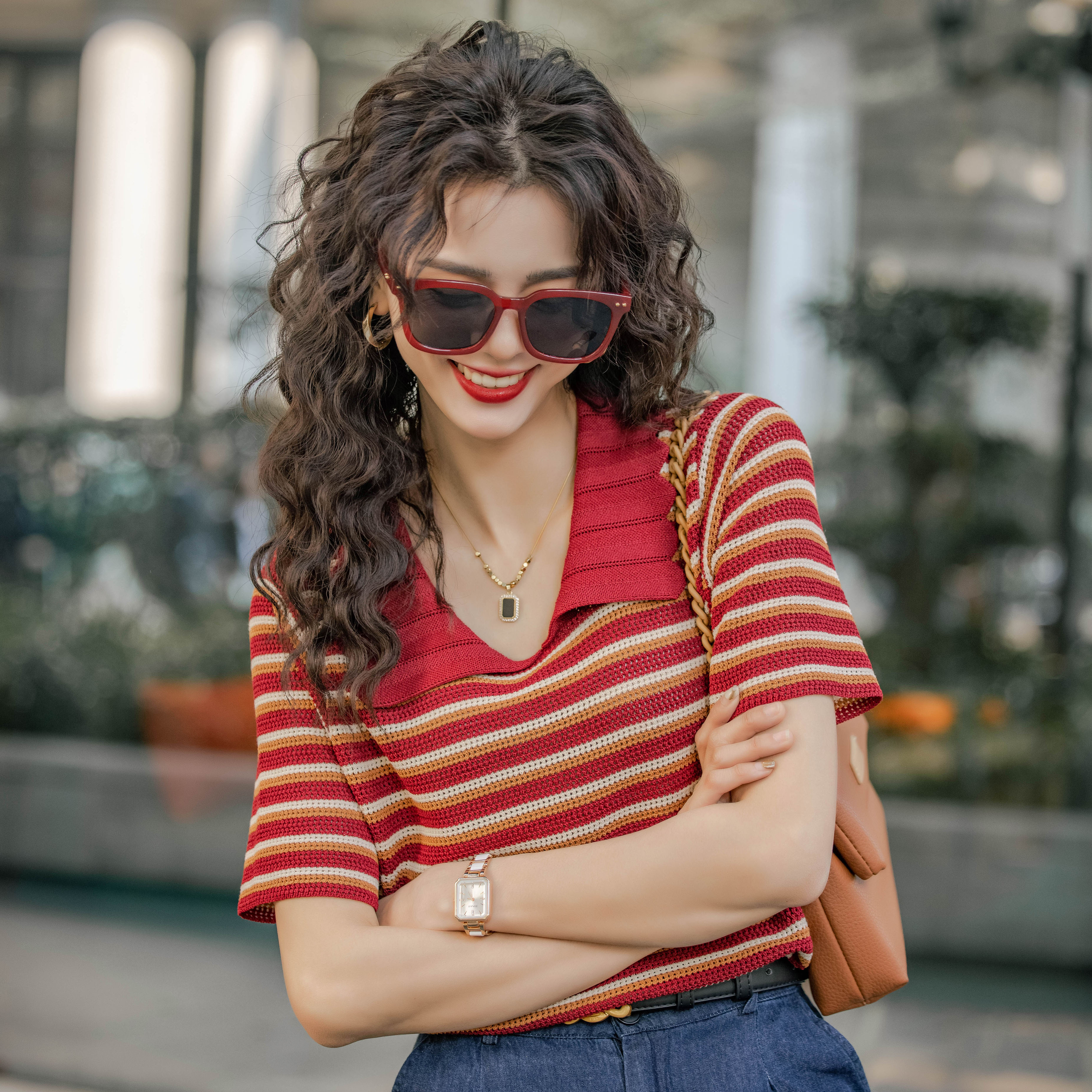 紅色條紋短袖內搭打底衫t恤女夏裝復古POLO衫上衣別致小衫
