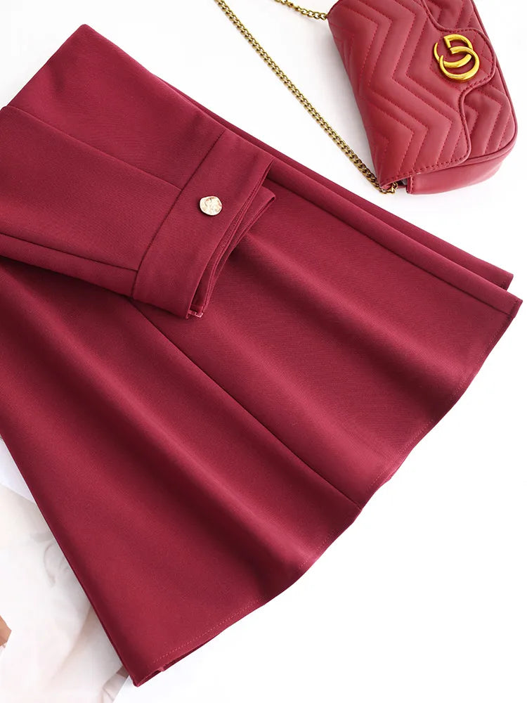 SUCH AS SU 2 Colors 2022 Autumn Spring Women Black Red High Waist Lady Pleated Twill Knit Skirt S-3XL Size Female Mid-Long Skirt