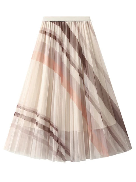 XFPV Women High Waist Print Stripe A Line Pleated Mesh Half Length Simple Skirt Free Size Sweet Korea Summer 2023 SM2588