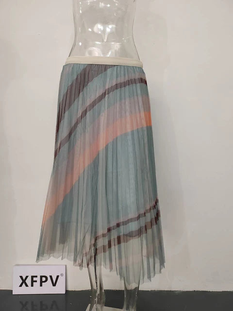 XFPV Women High Waist Print Stripe A Line Pleated Mesh Half Length Simple Skirt Free Size Sweet Korea Summer 2023 SM2588