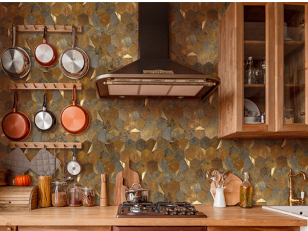 rusty stone metal gold tile for farmhouse kitchen