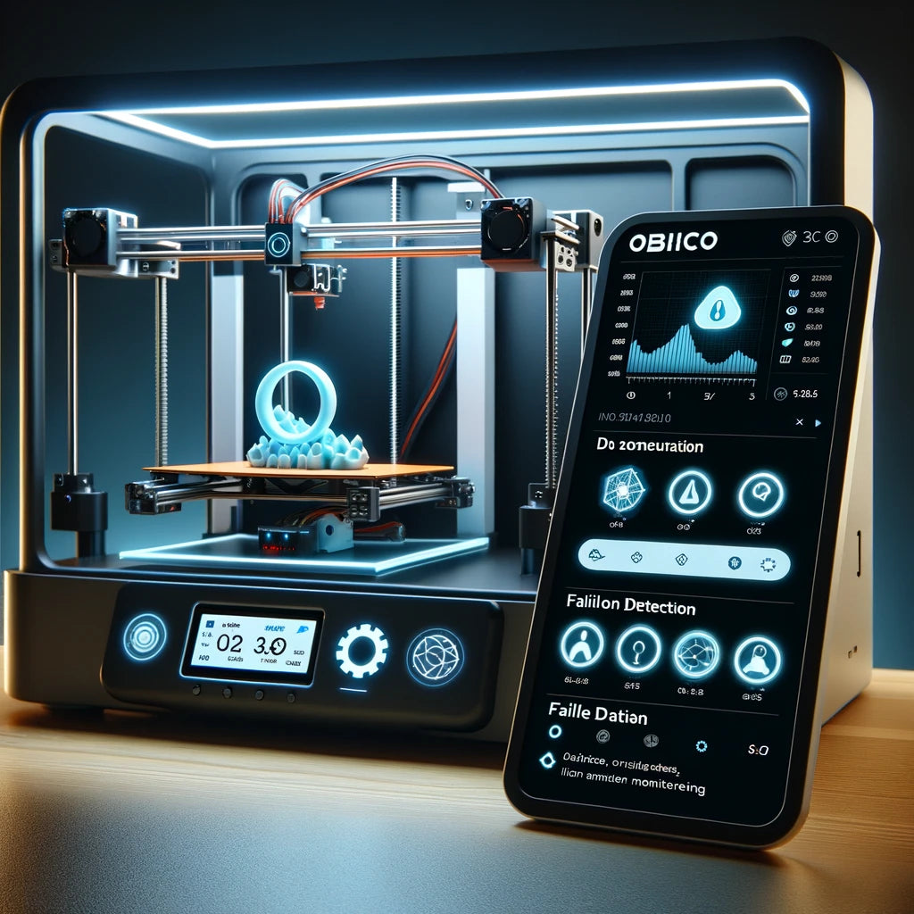A photo of a 3D printer with Obico’s monitoring interface displayed