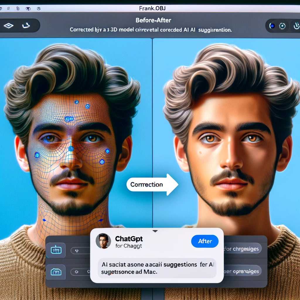 Before-and-after images of a 3D model corrected by AI suggestions