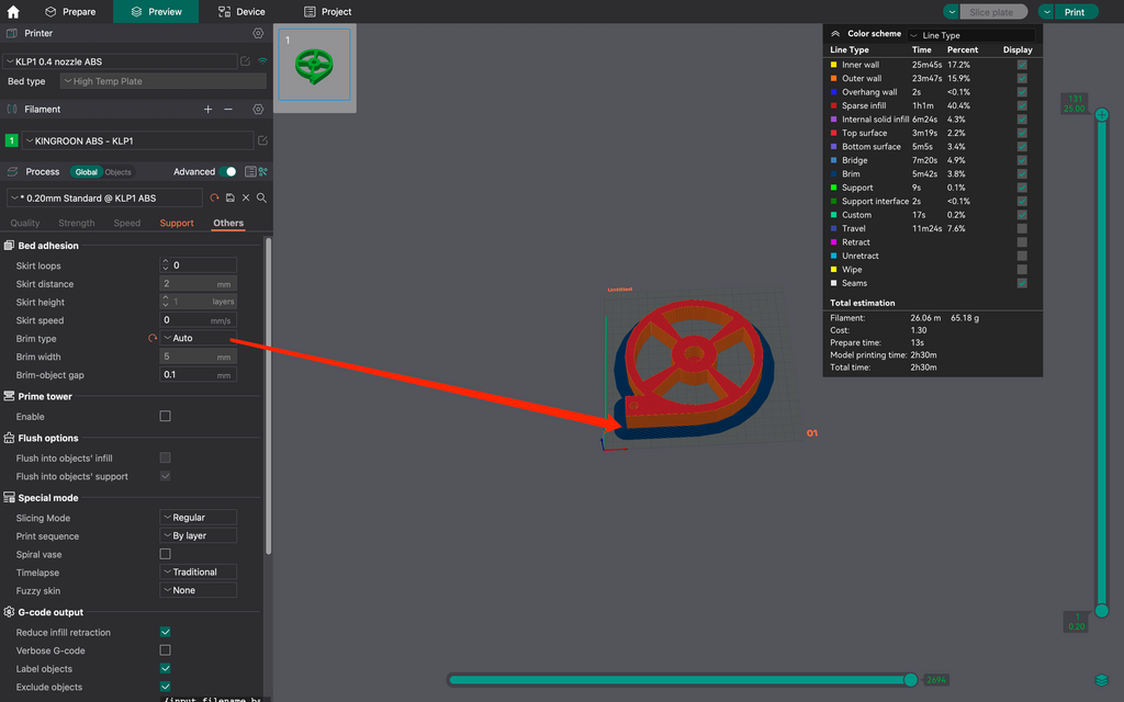 P9 Verwenden Sie Brim, wenn Sie ABS auf dem KINGROON KLP1 3D-Drucker drucken