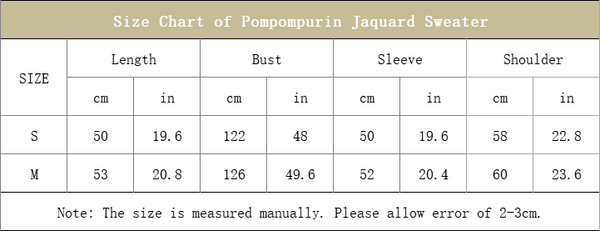 size chart of pompompurin jaquard sweater