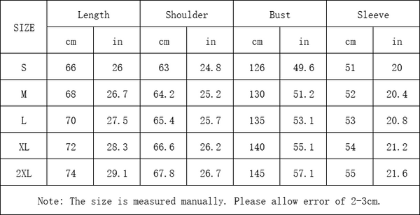 size chart of bear hoodie coat