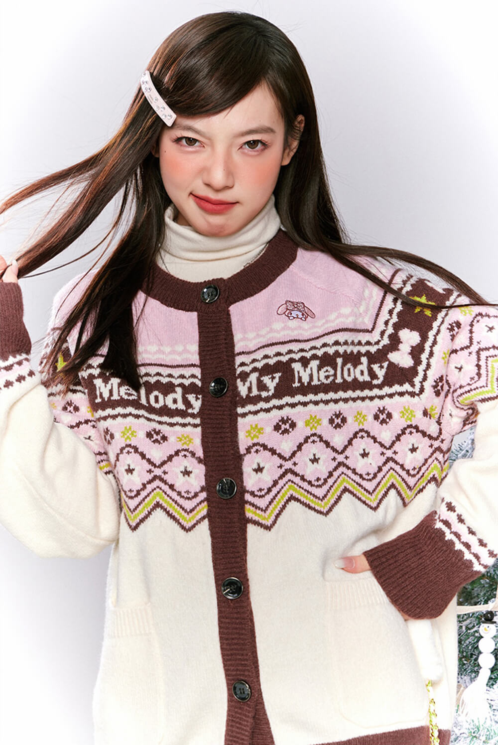 My Melody Round Neck Loose Knit Cardigan Sweater