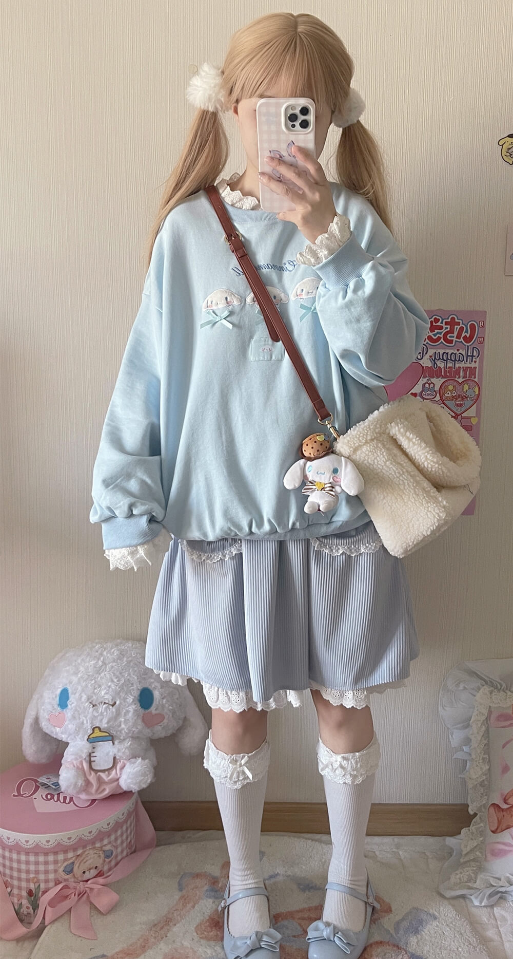 Fuzzy Cinnamoroll Face Embroidery Blue Lace Sweatshirt