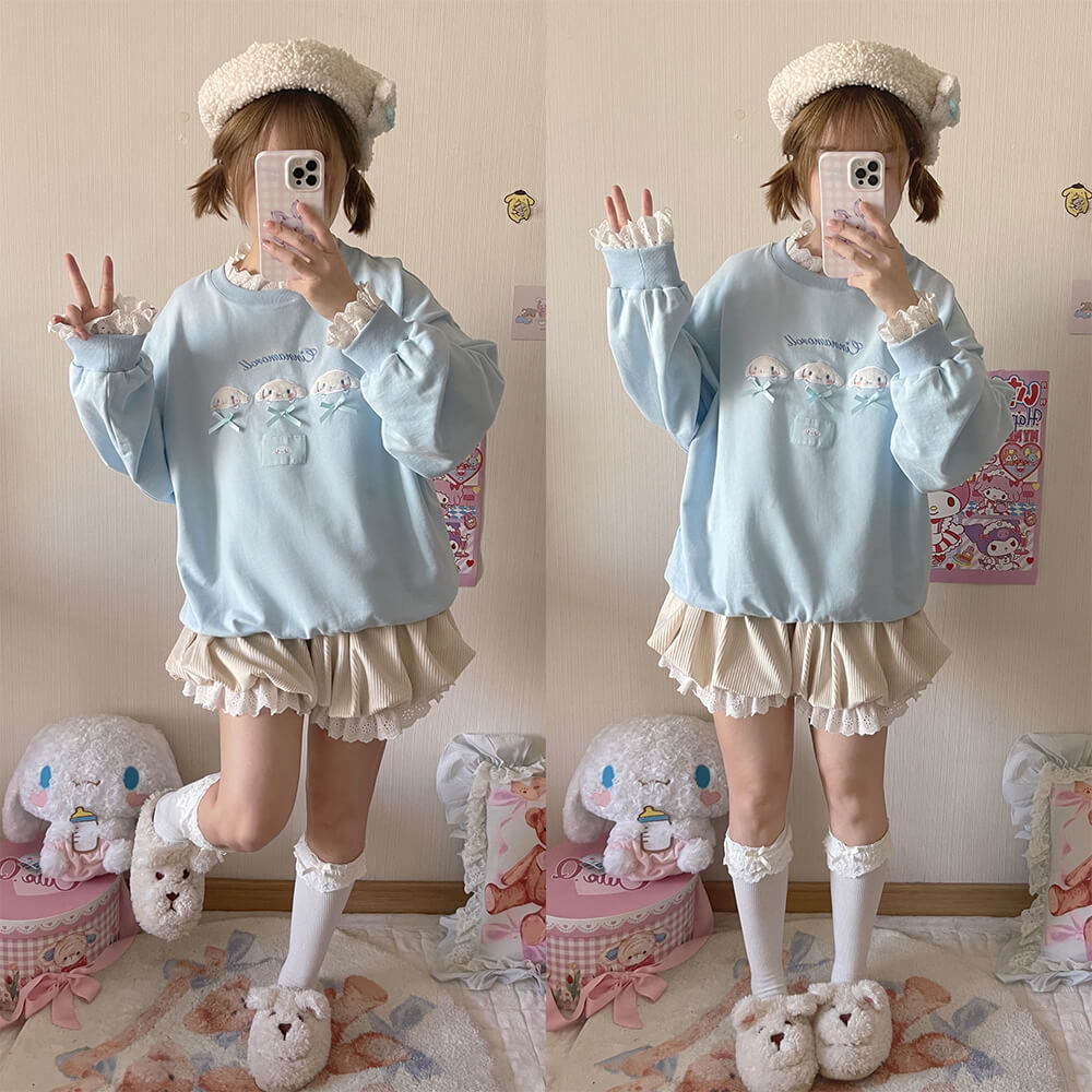 Fuzzy Cinnamoroll Face Embroidery Blue Lace Sweatshirt