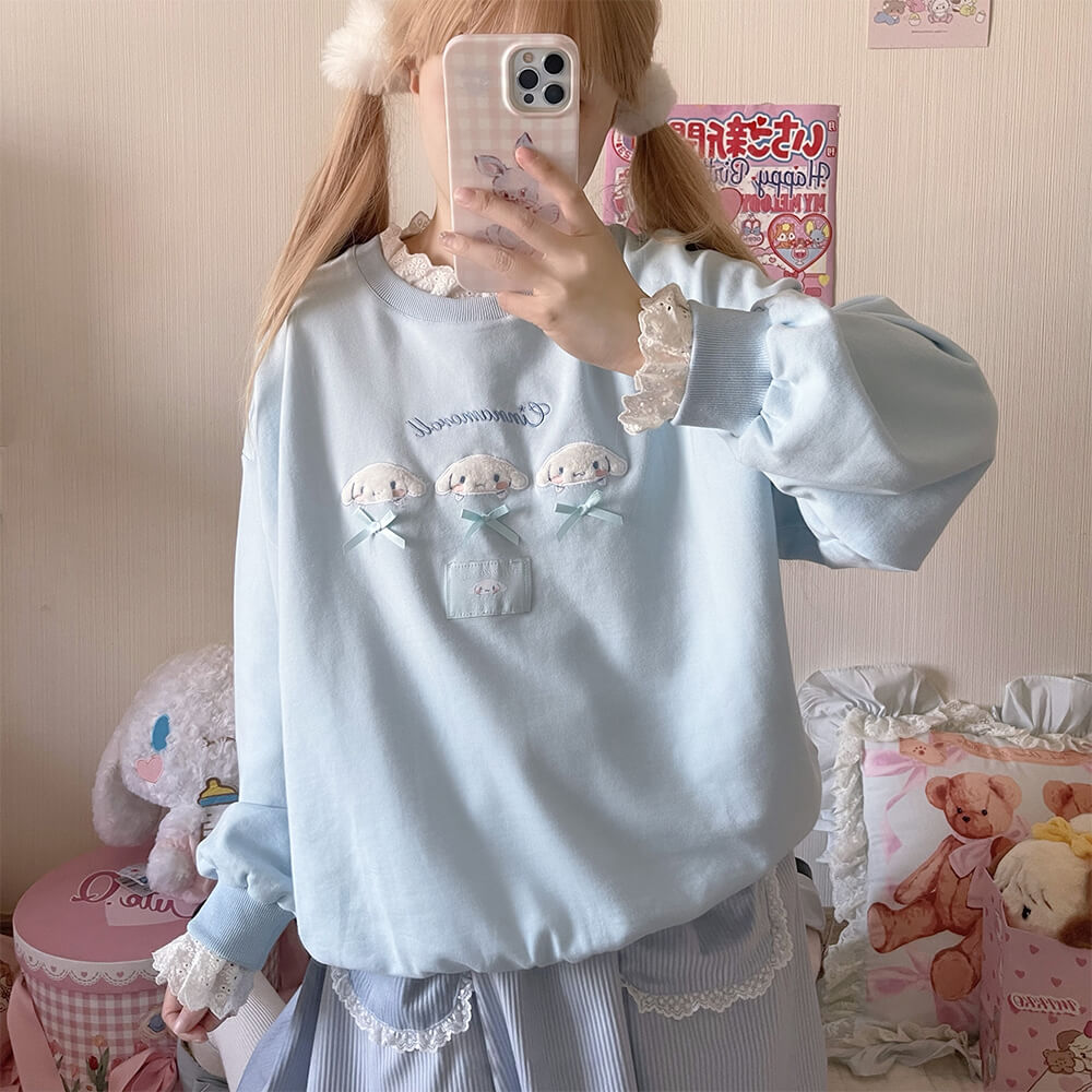 Fuzzy Cinnamoroll Face Embroidery Blue Lace Sweatshirt