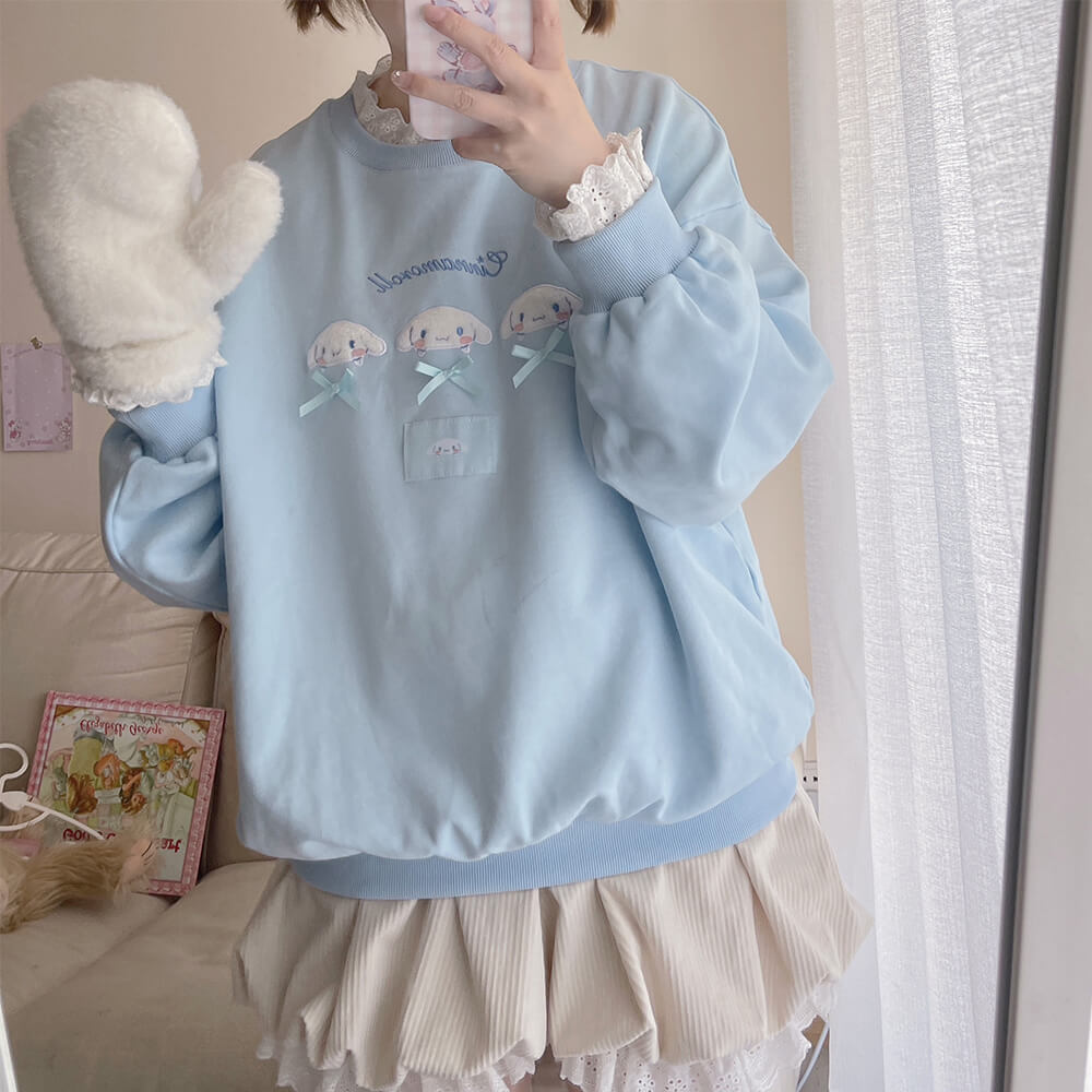 Fuzzy Cinnamoroll Face Embroidery Blue Lace Sweatshirt