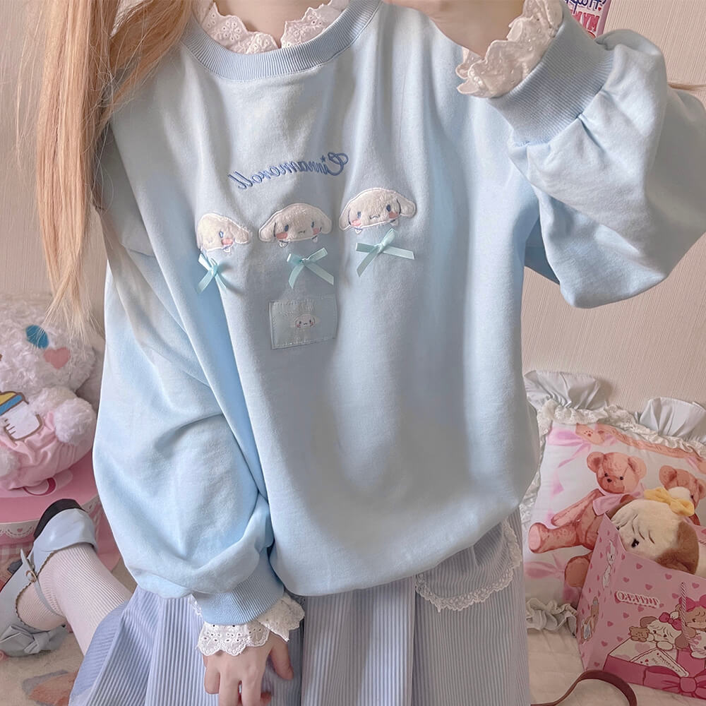 Fuzzy Cinnamoroll Face Embroidery Blue Lace Sweatshirt