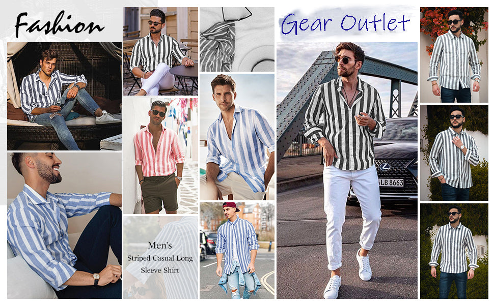 Mens Casual Cotton Striped Long Sleeve Linen Feel Shirts Band Collar Button Down Shirt