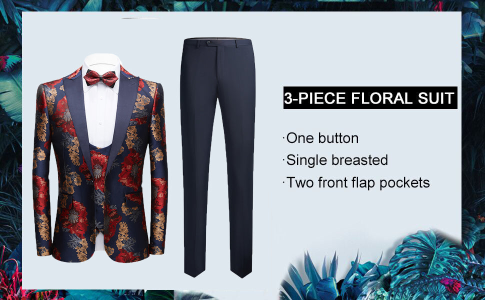Men's 3-Piece Suit Notched Lapel Floral One Button Modern Blazer Vest Pants Sets Spring Autumn For Business Dinner Party