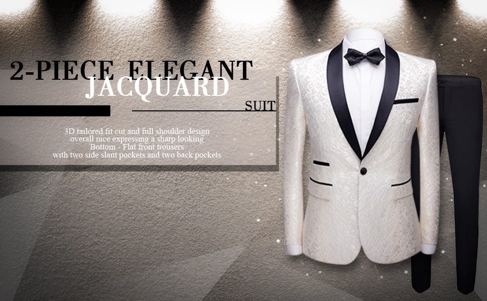 Mens 2 Piece Floral Jacquard Dress Suit Set 1 Button Print Dinner Jacket Pants